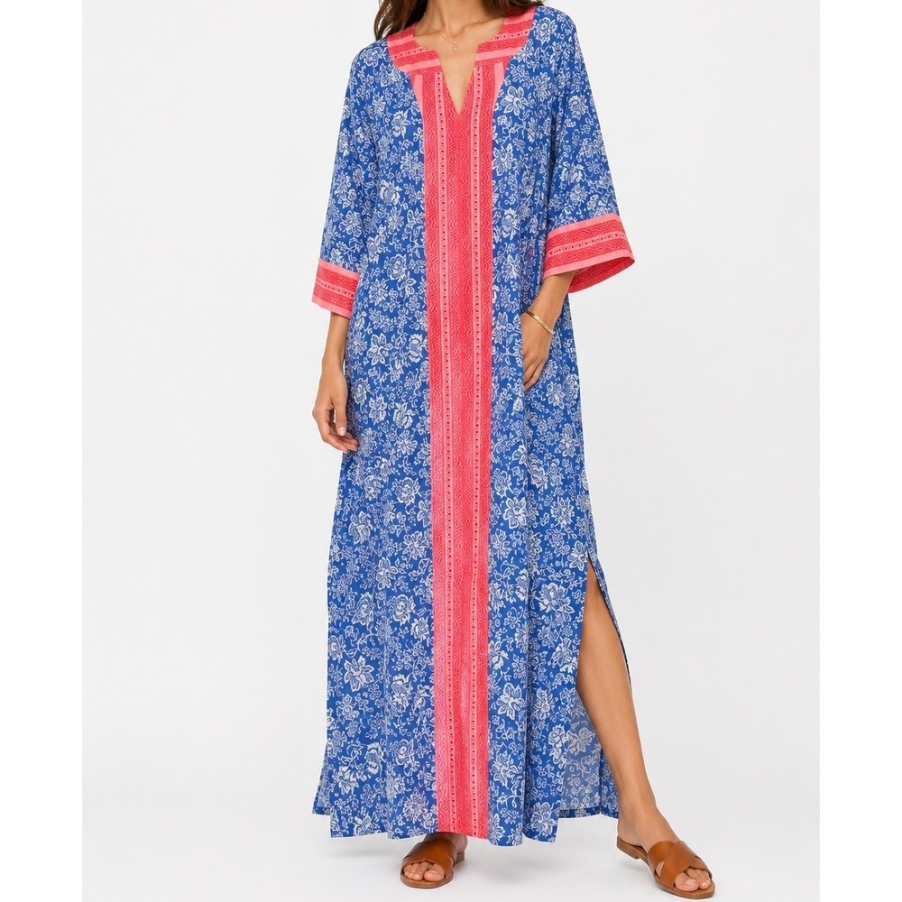 Tuckernuck Beach Blue Chintz Pink Floral Caftan Maxi Dress Resort Cover Up NWT M
